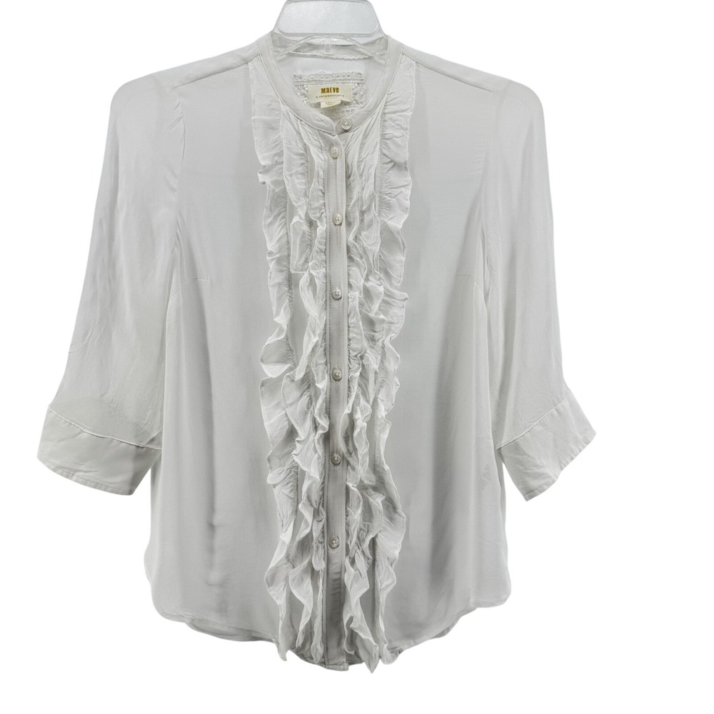 Maeve Anthropologie Blouse Women Small White Ruffle Front Sheer Viscose Romantic